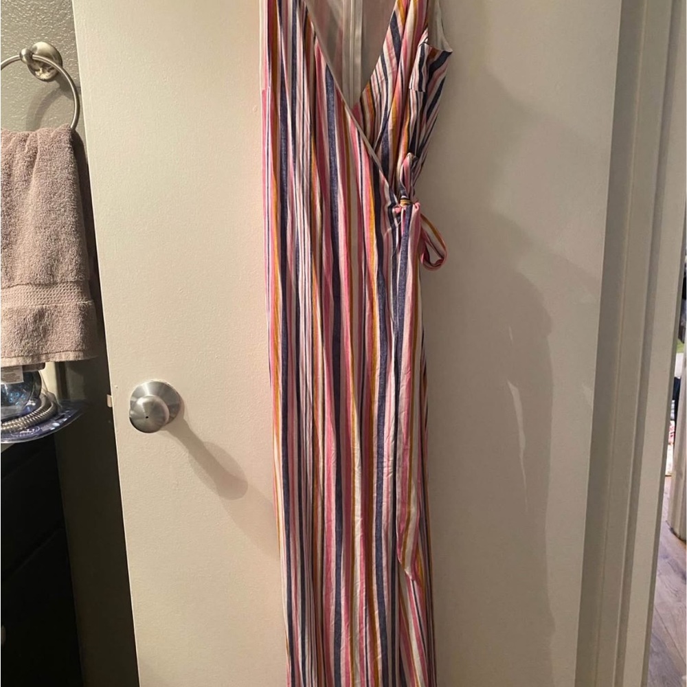 Red and Pink Tie Front Jumpsuit with Plunge Neckline